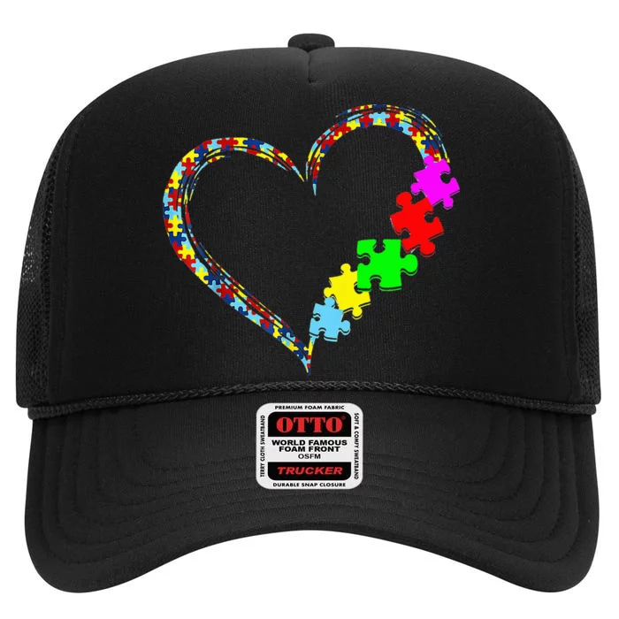 Autism Awareness Love Heart Puzzle Piece Gift High Crown Mesh Trucker Hat