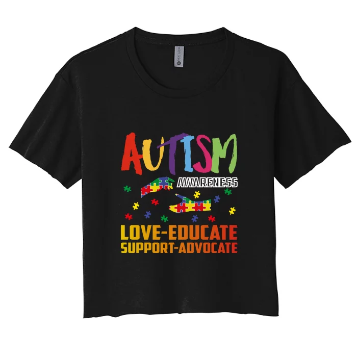 Autism Awareness Love Educate Support Advocate Puzzle Gift Women's Crop Top Tee