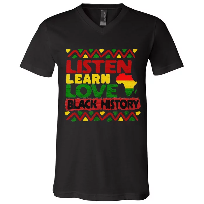 African American Listen Learn Love Teach BHM V-Neck T-Shirt