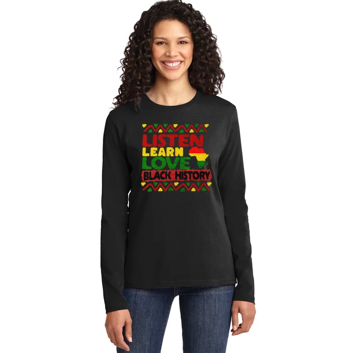 African American Listen Learn Love Teach BHM Ladies Long Sleeve Shirt