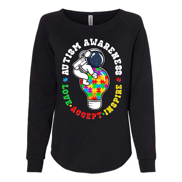 Autism Awareness Love Accept Inspire Astronaut Lightbulb Womens California Wash Sweatshirt