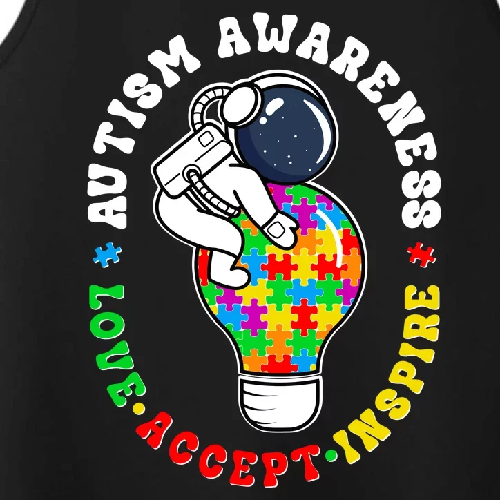 Autism Awareness Love Accept Inspire Astronaut Lightbulb Performance Tank