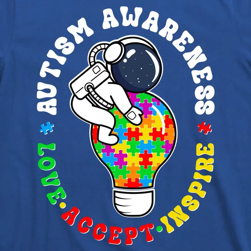 Autism Awareness Love Accept Inspire Astronaut Lightbulb T-Shirt