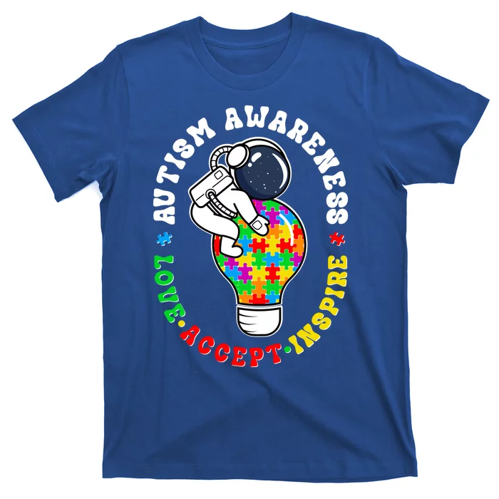 Autism Awareness Love Accept Inspire Astronaut Lightbulb T-Shirt