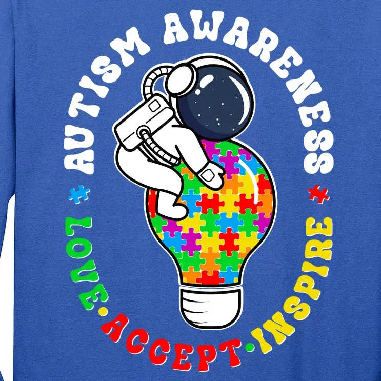 Autism Awareness Love Accept Inspire Astronaut Lightbulb Tall Long Sleeve T-Shirt