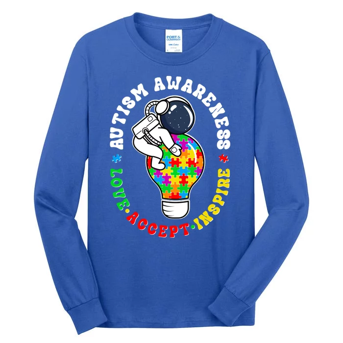 Autism Awareness Love Accept Inspire Astronaut Lightbulb Tall Long Sleeve T-Shirt