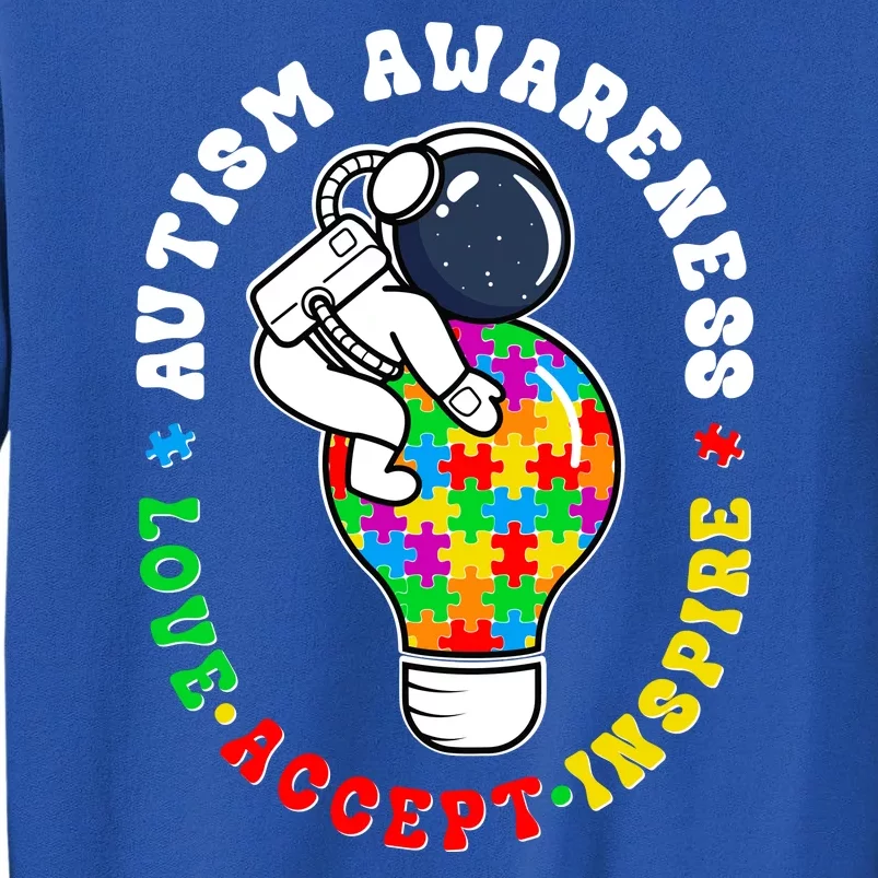 Autism Awareness Love Accept Inspire Astronaut Lightbulb Tall Sweatshirt