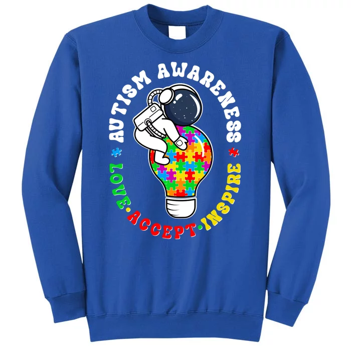 Autism Awareness Love Accept Inspire Astronaut Lightbulb Tall Sweatshirt