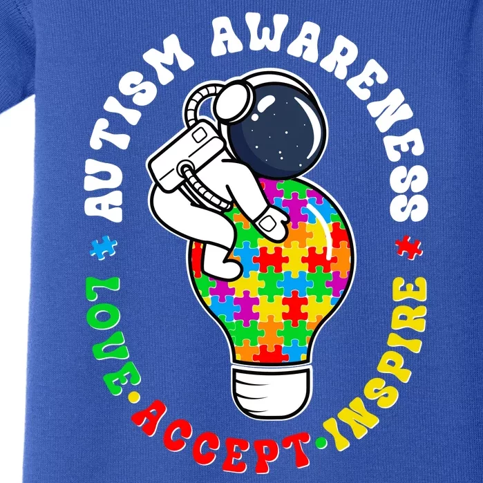 Autism Awareness Love Accept Inspire Astronaut Lightbulb Baby Bodysuit