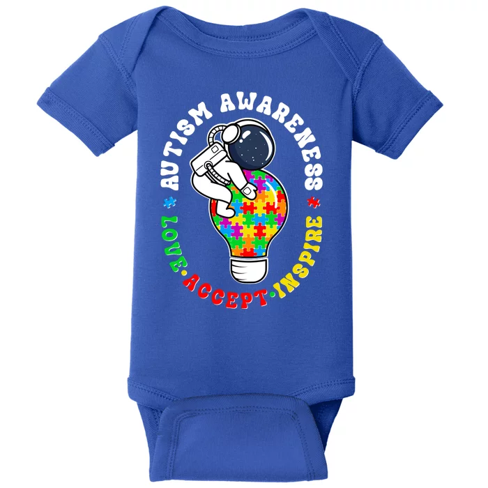 Autism Awareness Love Accept Inspire Astronaut Lightbulb Baby Bodysuit