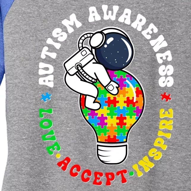 Autism Awareness Love Accept Inspire Astronaut Lightbulb Women's Tri-Blend 3/4-Sleeve Raglan Shirt