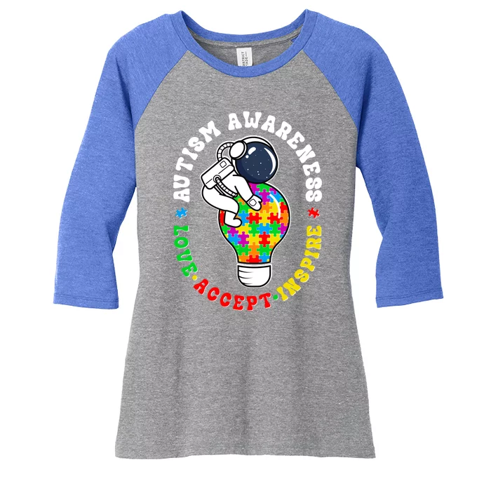 Autism Awareness Love Accept Inspire Astronaut Lightbulb Women's Tri-Blend 3/4-Sleeve Raglan Shirt