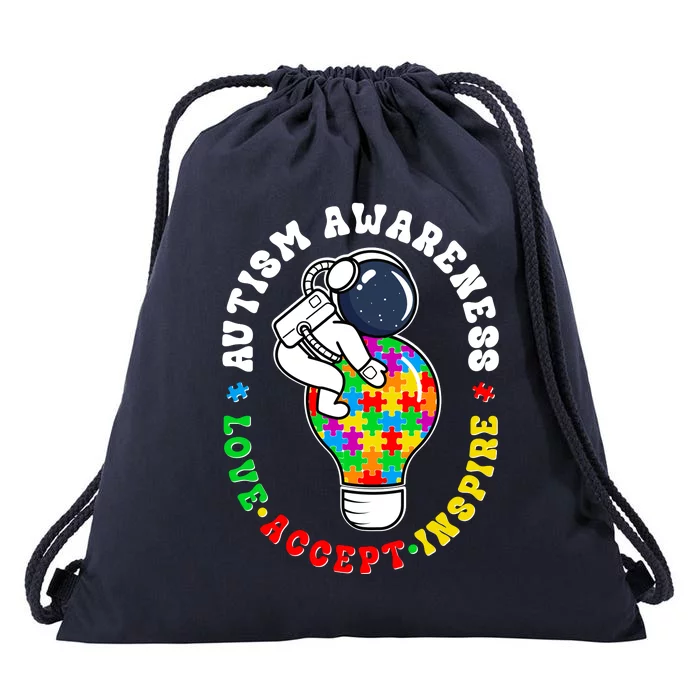 Autism Awareness Love Accept Inspire Astronaut Lightbulb Drawstring Bag