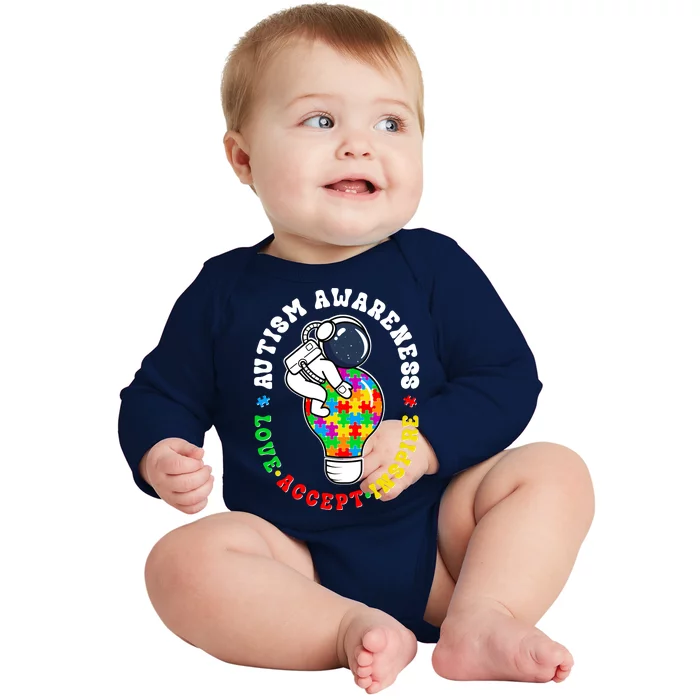 Autism Awareness Love Accept Inspire Astronaut Lightbulb Baby Long Sleeve Bodysuit