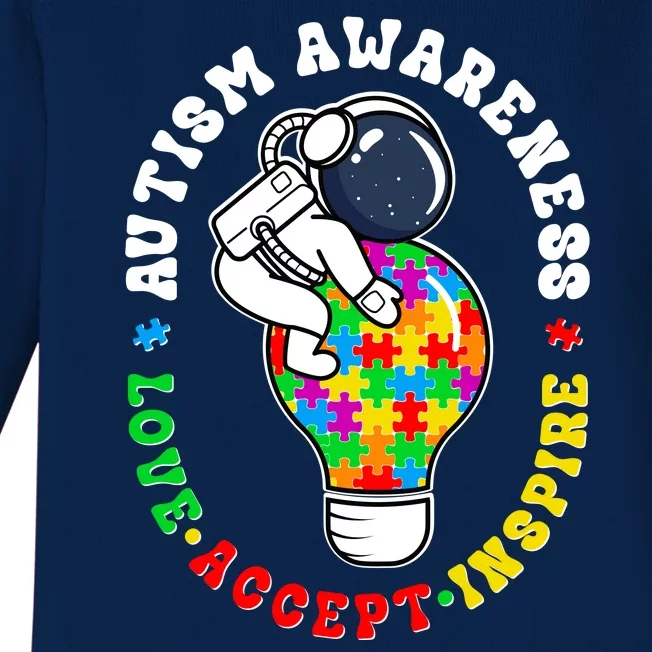 Autism Awareness Love Accept Inspire Astronaut Lightbulb Baby Long Sleeve Bodysuit