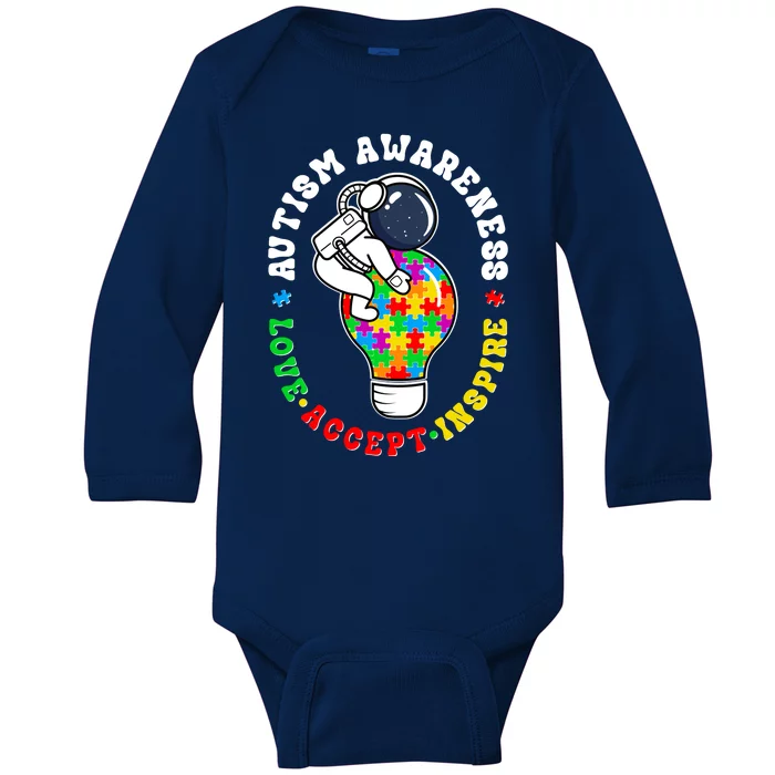 Autism Awareness Love Accept Inspire Astronaut Lightbulb Baby Long Sleeve Bodysuit