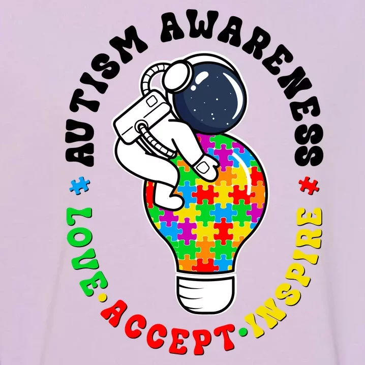 Autism Awareness Love Accept Inspire Astronaut Lightbulb Garment-Dyed Sweatshirt