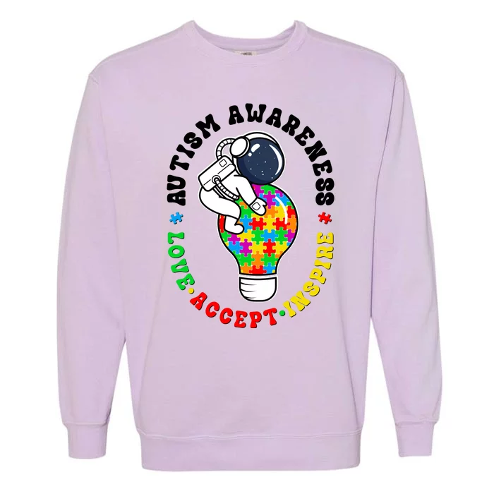 Autism Awareness Love Accept Inspire Astronaut Lightbulb Garment-Dyed Sweatshirt