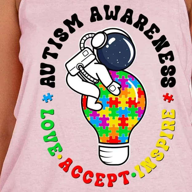 Autism Awareness Love Accept Inspire Astronaut Lightbulb Women's Knotted Racerback Tank