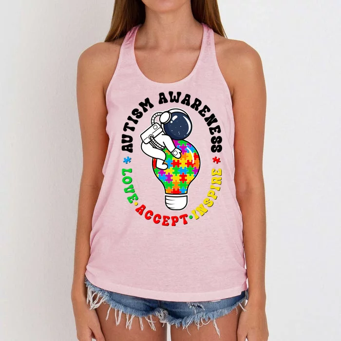 Autism Awareness Love Accept Inspire Astronaut Lightbulb Women's Knotted Racerback Tank