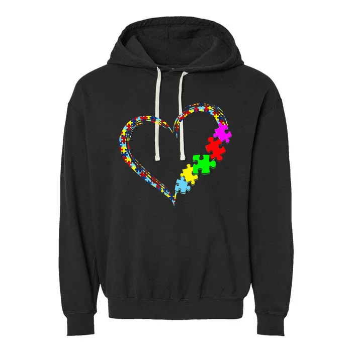 Autism Awareness Love Heart Puzzle Piece Gift Garment-Dyed Fleece Hoodie