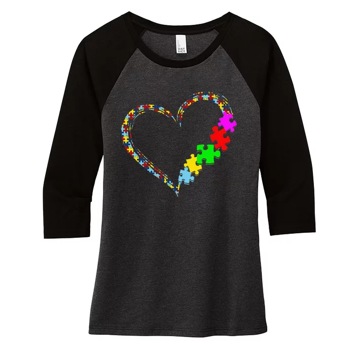 Autism Awareness Love Heart Puzzle Piece Valentines Day Women's Tri-Blend 3/4-Sleeve Raglan Shirt