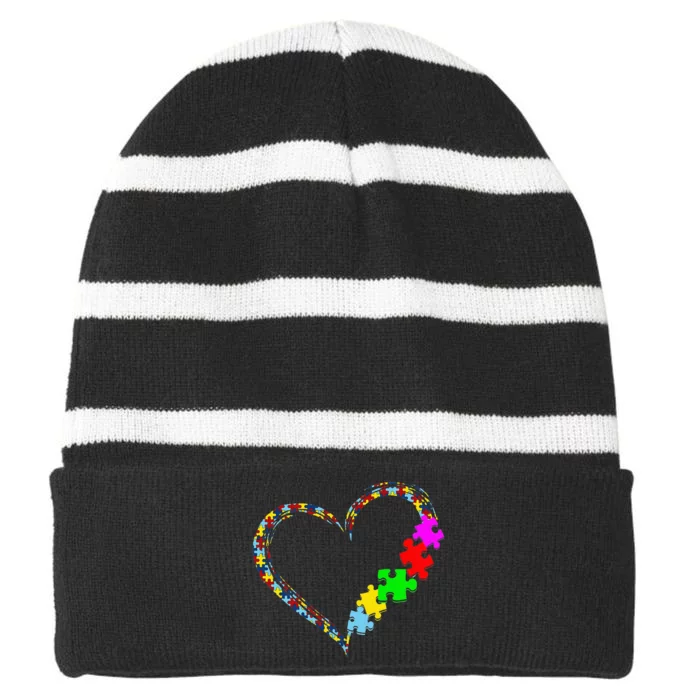 Autism Awareness Love Heart Puzzle Piece Valentines Day Striped Beanie with Solid Band