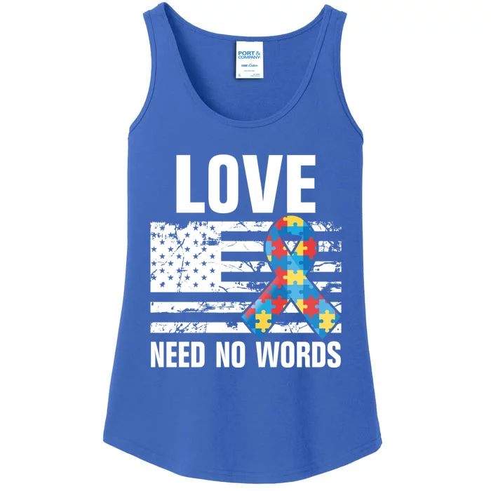 Autism Awareness Love Need No Words Puzzle Ribbon And Usa Flag Gift Ladies Essential Tank