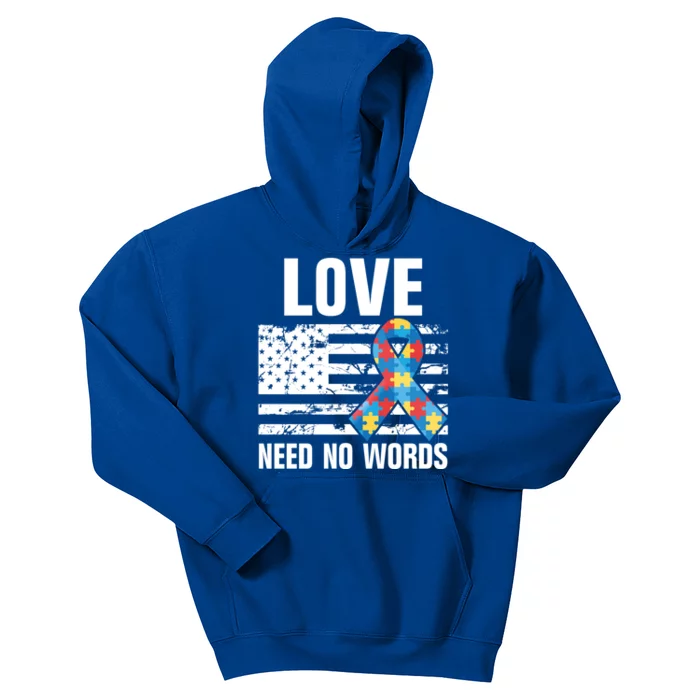 Autism Awareness Love Need No Words Puzzle Ribbon And Usa Flag Gift Kids Hoodie