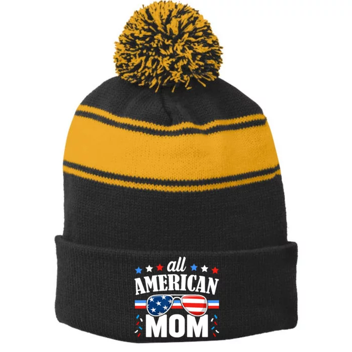 All American Mom 4th of July USA Family Matching Outfit Stripe Pom Pom Beanie