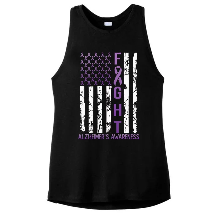 Alzheimers Awareness Month June USA Flag Ribbon Purple Ladies Tri-Blend Wicking Tank