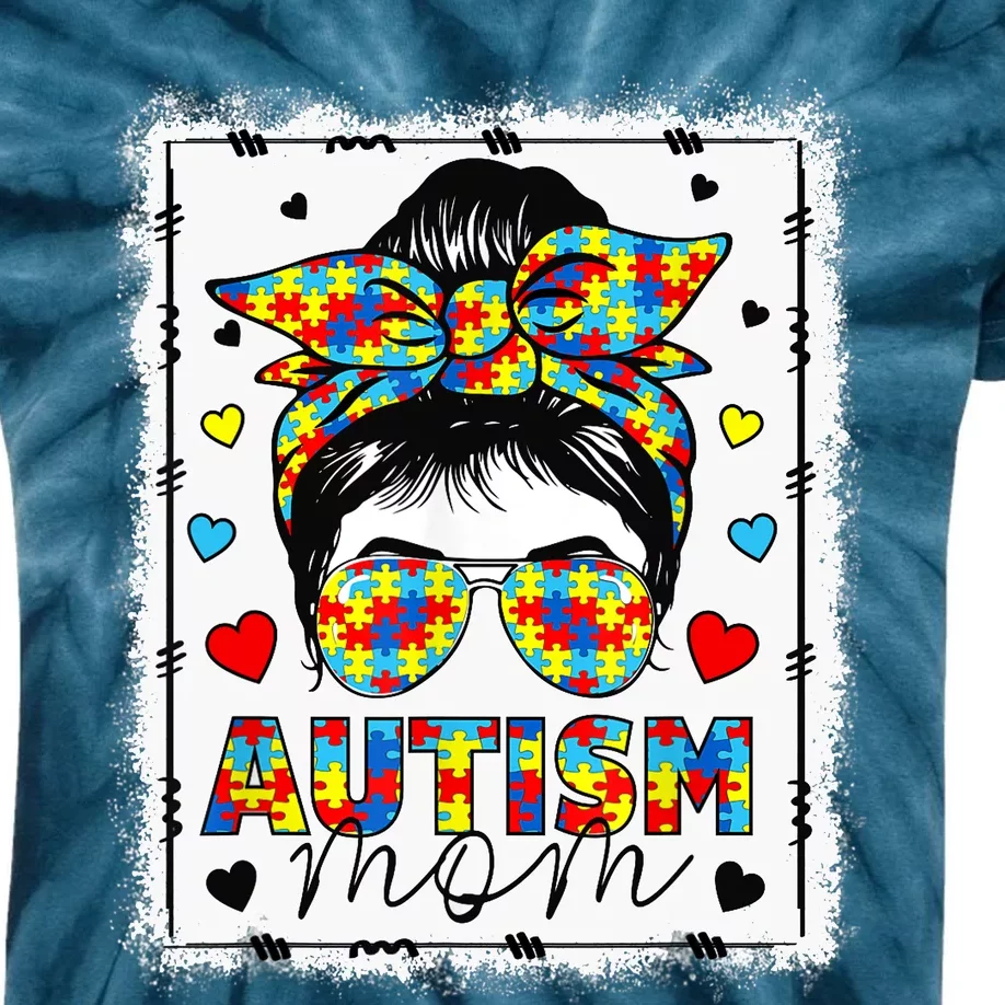 Autism Awareness Mom Life Messy Bun Bleached Mother’s Day Kids Tie-Dye T-Shirt