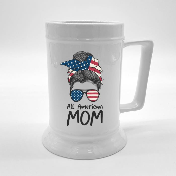 All American Mom 4th Of July Mothers Day Messy Bun Front & Back Beer Stein