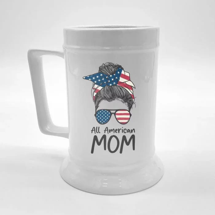 All American Mom 4th Of July Mothers Day Messy Bun Front & Back Beer Stein