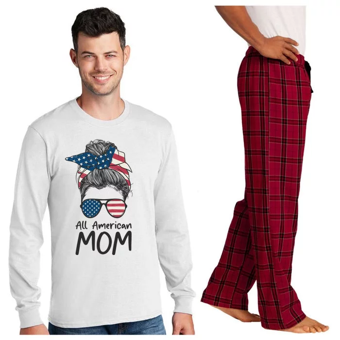 All American Mom 4th Of July Mothers Day Messy Bun Long Sleeve Pajama Set