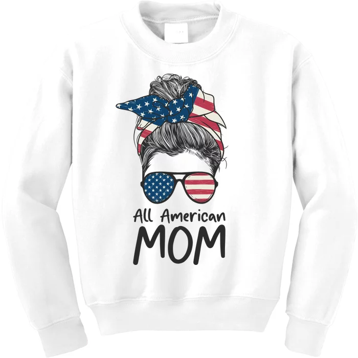 All American Mom 4th Of July Mothers Day Messy Bun Kids Sweatshirt