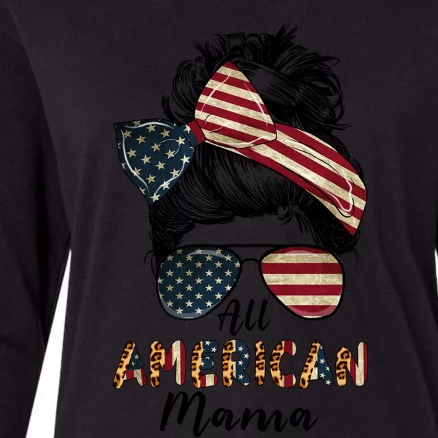 All American Mama Messy Bun Matching Family 4th Of July Mom Gift Womens Cotton Relaxed Long Sleeve T-Shirt