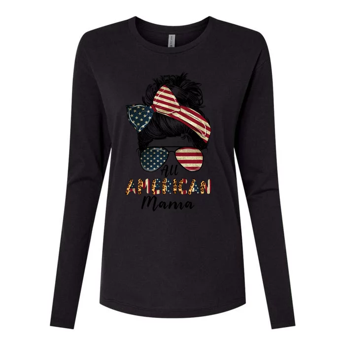 All American Mama Messy Bun Matching Family 4th Of July Mom Gift Womens Cotton Relaxed Long Sleeve T-Shirt