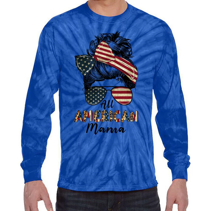 All American Mama Messy Bun Matching Family 4th Of July Mom Gift Tie-Dye Long Sleeve Shirt