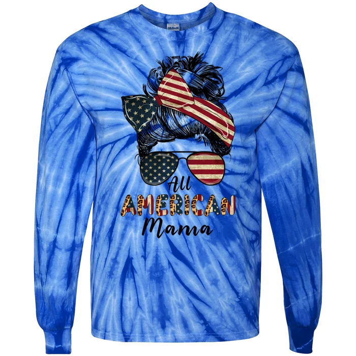 All American Mama Messy Bun Matching Family 4th Of July Mom Gift Tie-Dye Long Sleeve Shirt