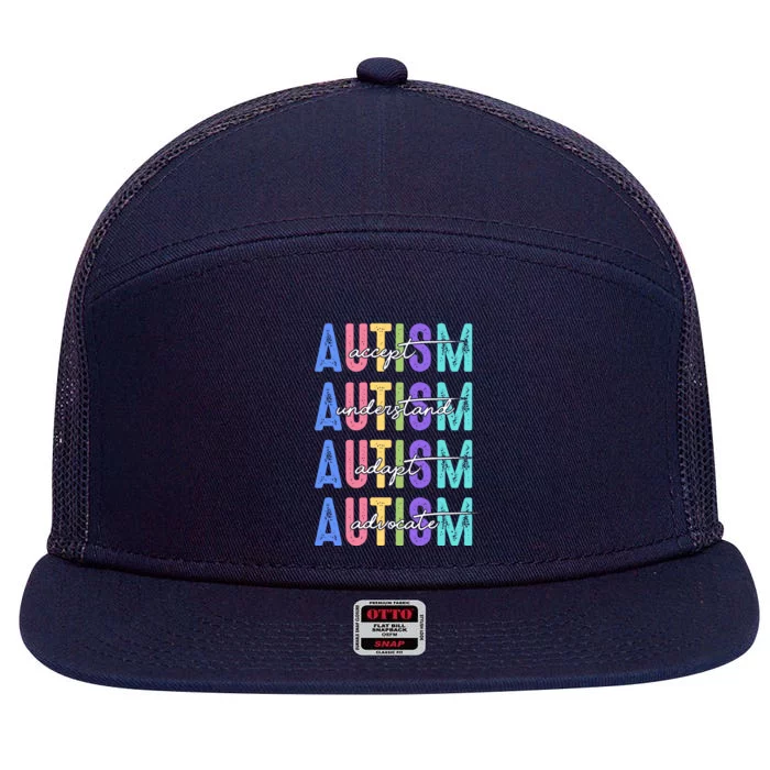 Autism Awareness Month Accept Understand Adapt Advocate 7 Panel Mesh Trucker Snapback Hat