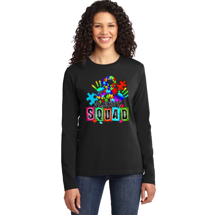 Autism Awareness Month Ribbon Support Squad Ladies Long Sleeve Shirt