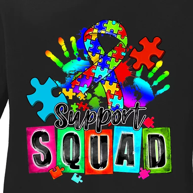 Autism Awareness Month Ribbon Support Squad Ladies Long Sleeve Shirt