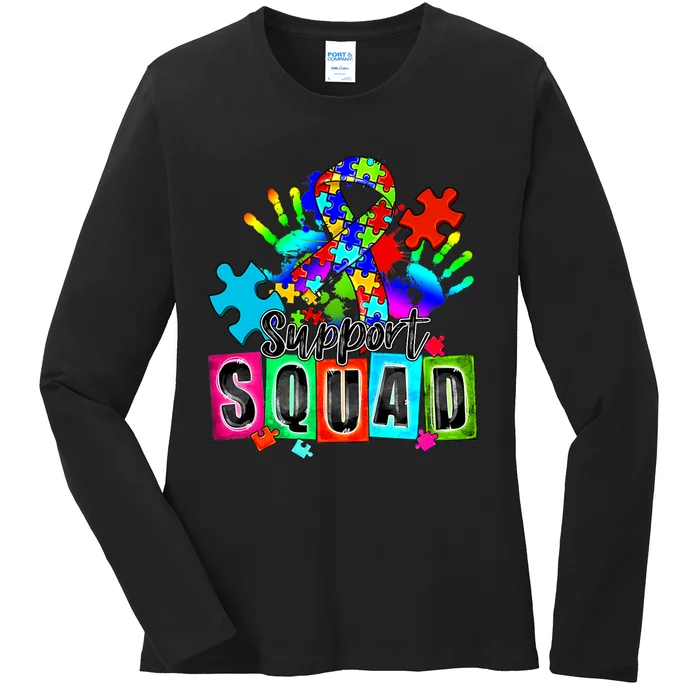 Autism Awareness Month Ribbon Support Squad Ladies Long Sleeve Shirt