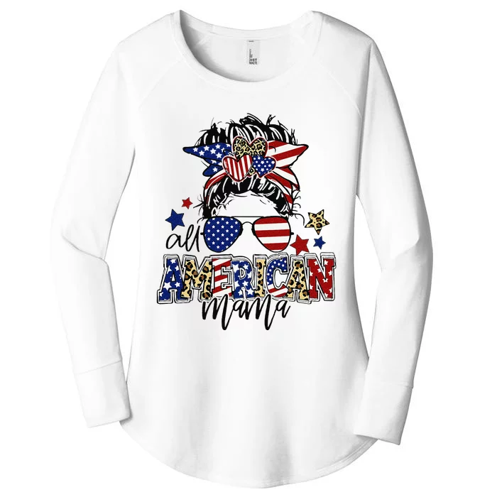 All American Mama Messy Bun Patriotic 4th Of July Women's Perfect Tri Tunic Long Sleeve Shirt