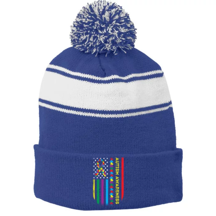 Autism Awareness Month American Flag Autism Gift Stripe Pom Pom Beanie