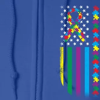 Autism Awareness Month American Flag Autism Gift Full Zip Hoodie