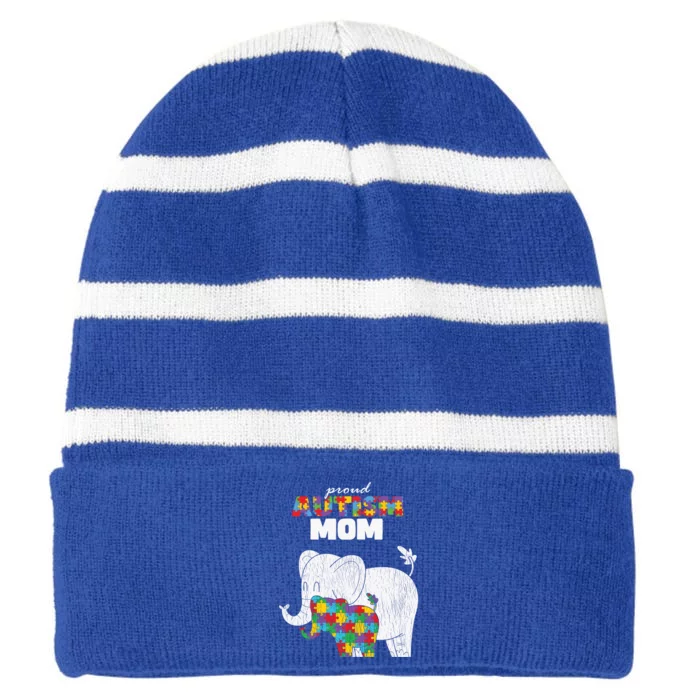 Autism Awareness Mom Proud Autistic Son Daughter Mama Mother Gift Striped Beanie with Solid Band