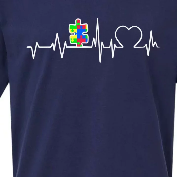 Autism Awareness Month Autism Puzzle Piece On Heartbeat Line Gift Sueded Cloud Jersey T-Shirt