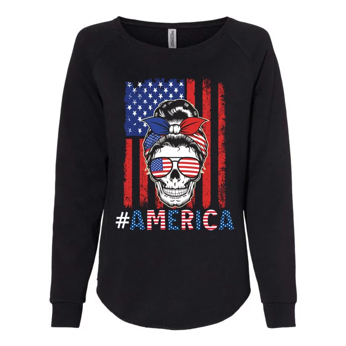 All American Mama Leopard Flag Messy Bun Skull Mom 4th July Gift Womens California Wash Sweatshirt